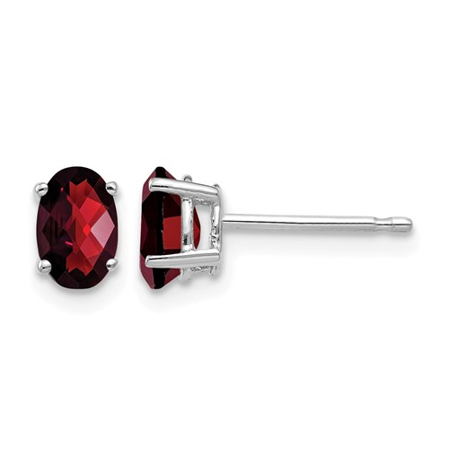 14K White Gold 6x 4mm Oval Checker-cut Garnet Post Earrings