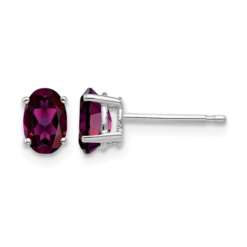 14K White Gold 6x 4mm Oval Rhodolite Garnet Post Earrings