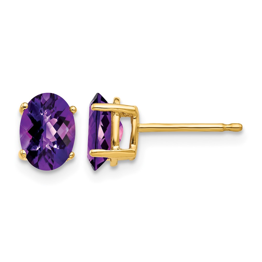 14K Yellow Gold 7x 5mm Oval Checker-cut Amethyst Post Earrings