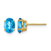 14K Yellow Gold 7x5mm Oval Checker-cut Blue Topaz Post Earrings view 1