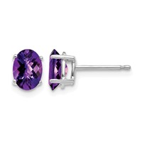 14K White Gold 7x 5mm Oval Checker-cut Amethyst Post Earrings view 1