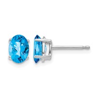 14K White Gold 7x 5mm Oval Checker-cut Blue Topaz Post Earrings view 1
