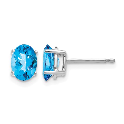 14K White Gold 7x 5mm Oval Checker-cut Blue Topaz Post Earrings