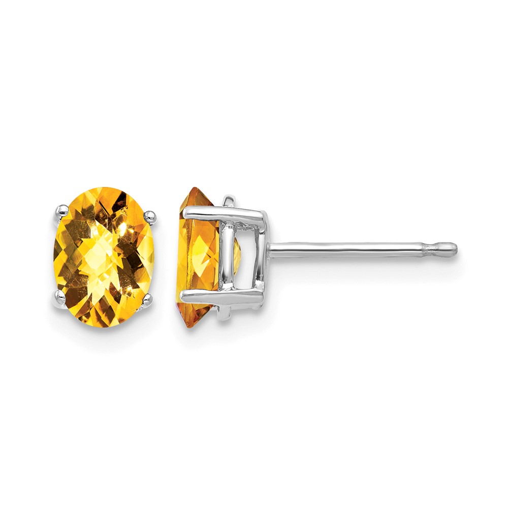 14K White Gold 7x 5mm Oval Checker-cut Citrine Post Earrings