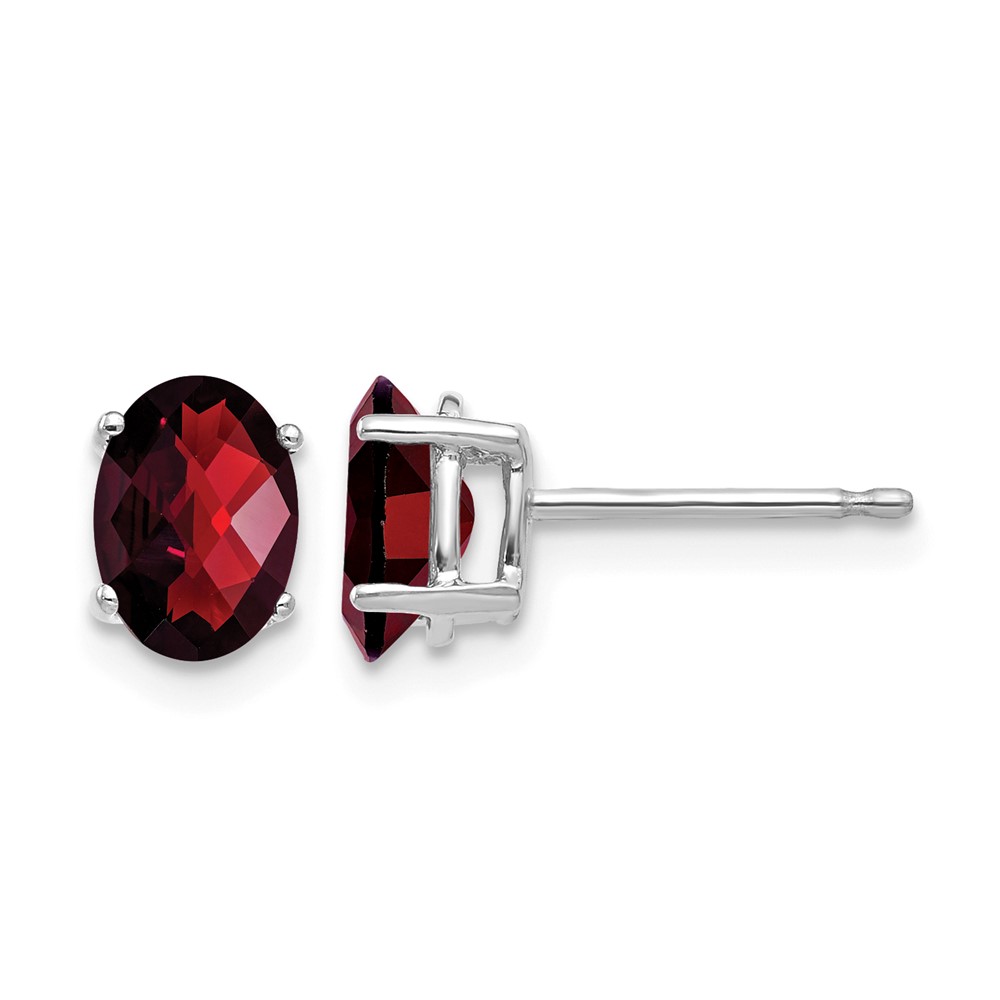 14K White Gold 7x5mm Oval Checker-cut Garnet Post Earrings