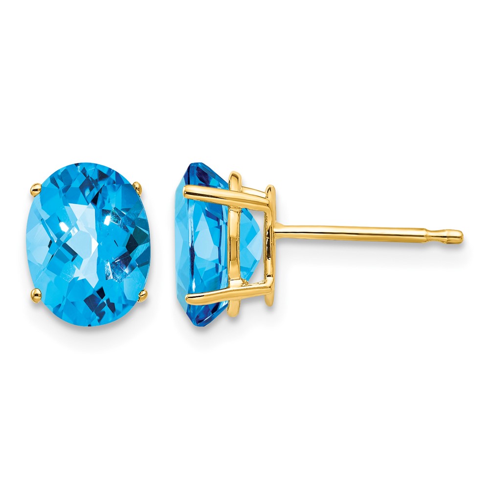 14K Yellow Gold 8x6mm Oval Checker-cut Blue Topaz Post Earrings
