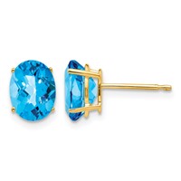 14K Yellow Gold 8x6mm Oval Checker-cut Blue Topaz Post Earrings view 1