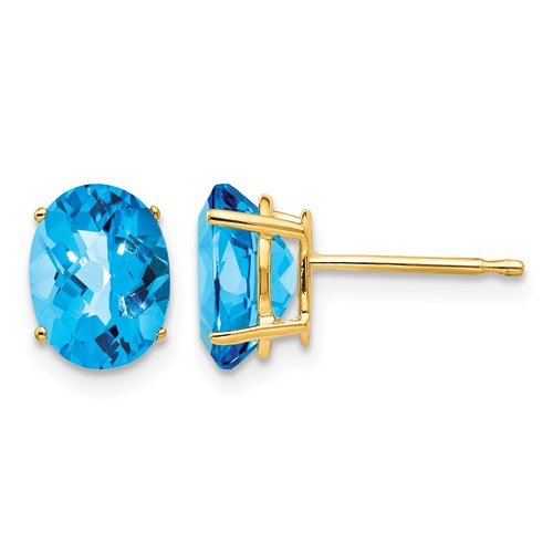 14K Yellow Gold 8x 6mm Oval Checker-cut Blue Topaz Post Earrings