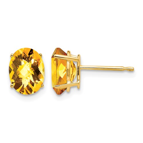 14K Yellow Gold 8x 6mm Oval Checker-cut Citrine Post Earrings