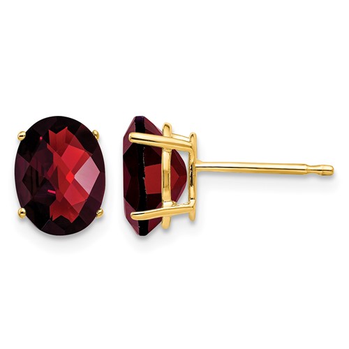 14K Yellow Gold 8x 6mm Oval Checker-cut Garnet Post Earrings