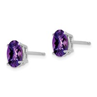 14K White Gold 8x 6mm Oval Amethyst Checker Earrings view 2