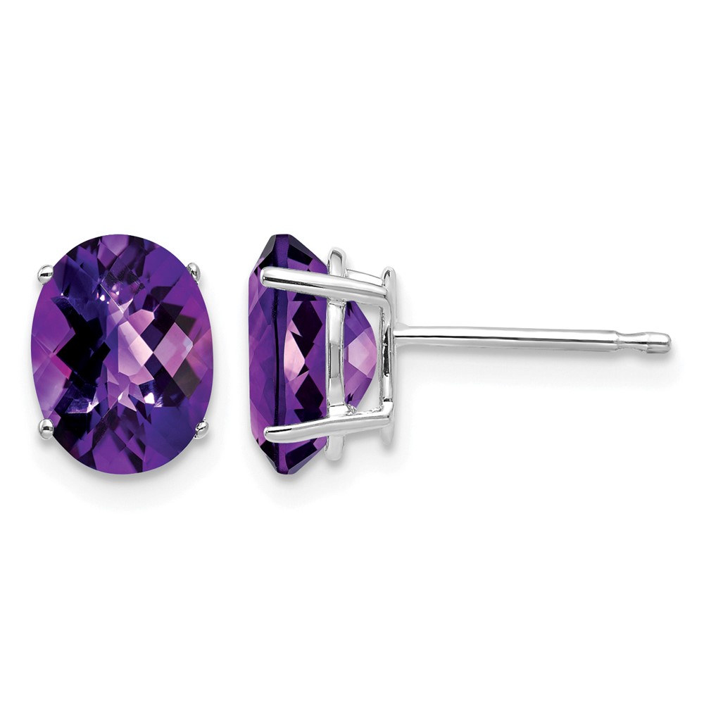 14K White Gold 8x 6mm Oval Amethyst Checker Earrings