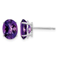 14K White Gold 8x 6mm Oval Amethyst Checker Earrings view 1