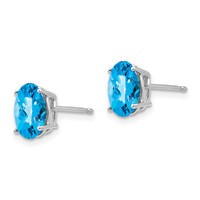 14K White Gold 8x 6mm Oval Checker-cut Blue Topaz Post Earrings view 2