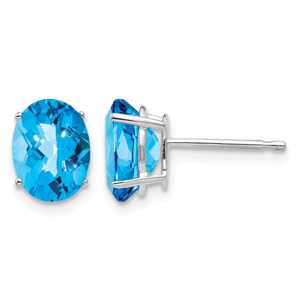 14K White Gold 8x 6mm Oval Checker-cut Blue Topaz Post Earrings