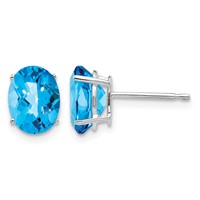 14K White Gold 8x 6mm Oval Checker-cut Blue Topaz Post Earrings view 1