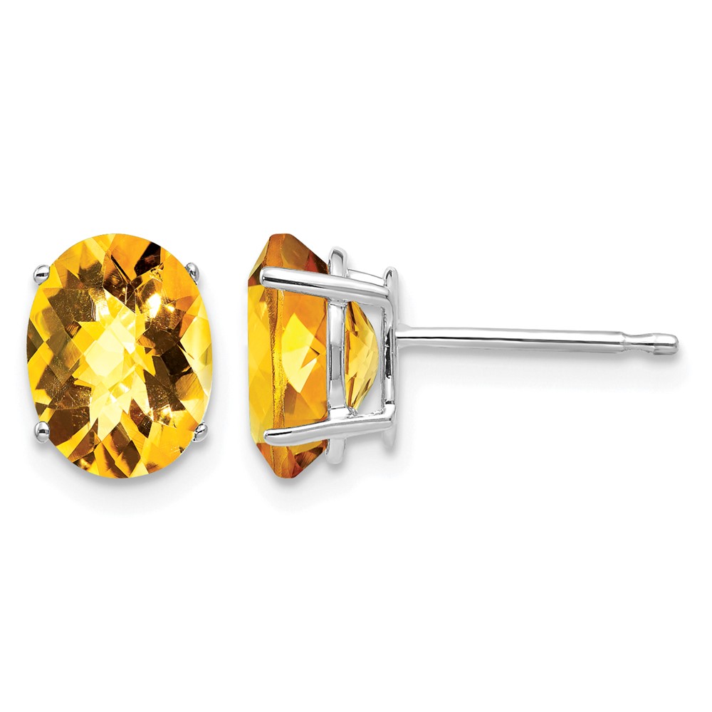 14K White Gold 8x 6mm Oval Checker-cut Citrine Post Earrings
