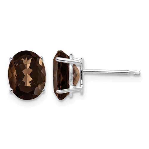 14K White Gold 8x 6mm Oval Smoky Quartz Post Earrings
