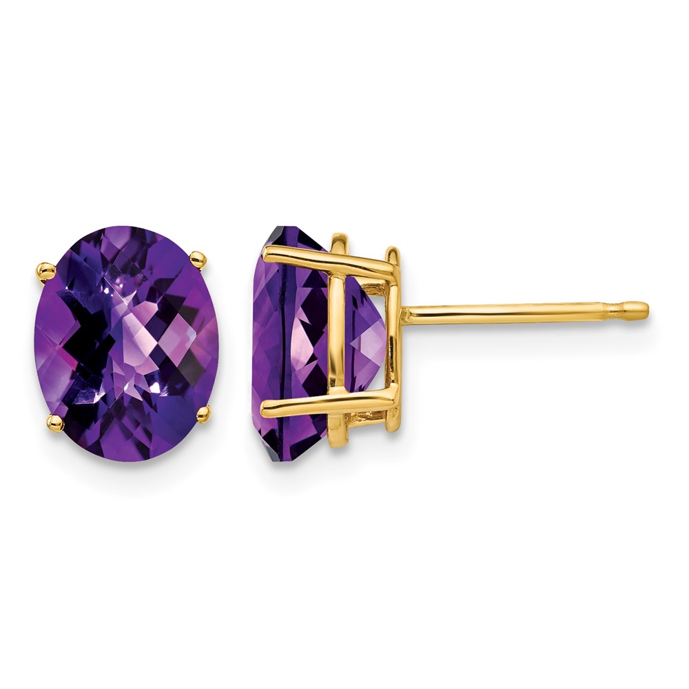 14K Yellow Gold 9x7mm Oval Checker-cut Amethyst Post Earrings