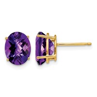 14K Yellow Gold 9x7mm Oval Checker-cut Amethyst Post Earrings view 1