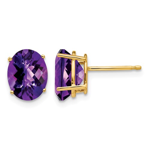 14K Yellow Gold 9x 7mm Oval Checker-cut Amethyst Post Earrings