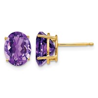 14K Yellow Gold 9x 7mm Oval Amethyst Post Earrings view 1