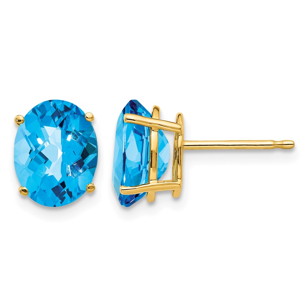 14K Yellow Gold 9x 7mm Oval Checker-cut Blue Topaz Post Earrings