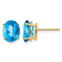 14K Yellow Gold 9x 7mm Oval Checker-cut Blue Topaz Post Earrings view 1