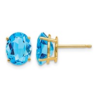 14K Yellow Gold 9x 7mm Oval Blue Topaz Post Earrings view 1