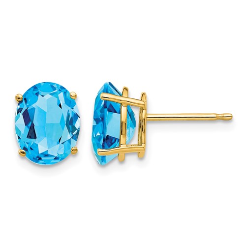 14K Yellow Gold 9x 7mm Oval Blue Topaz Post Earrings