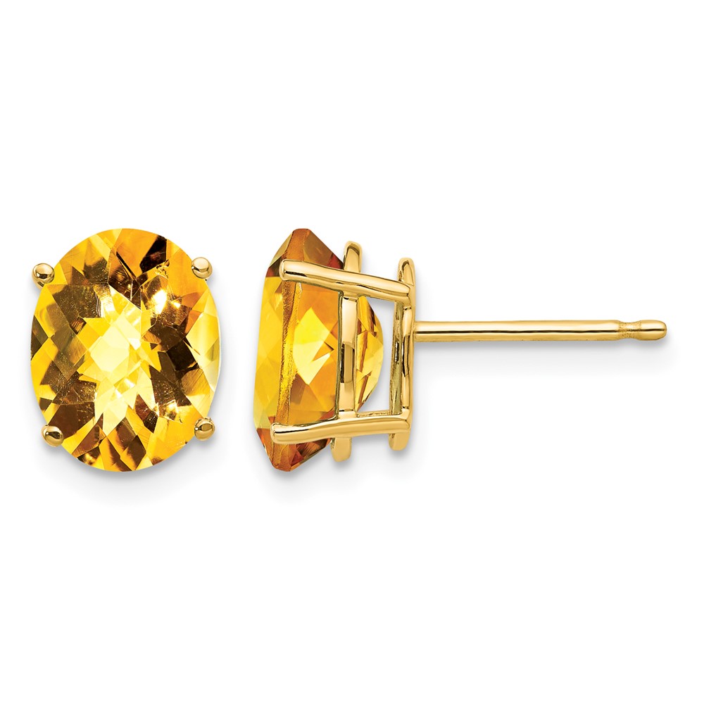 14K Yellow Gold 9x 7mm Oval Checker-cut Citrine Post Earrings