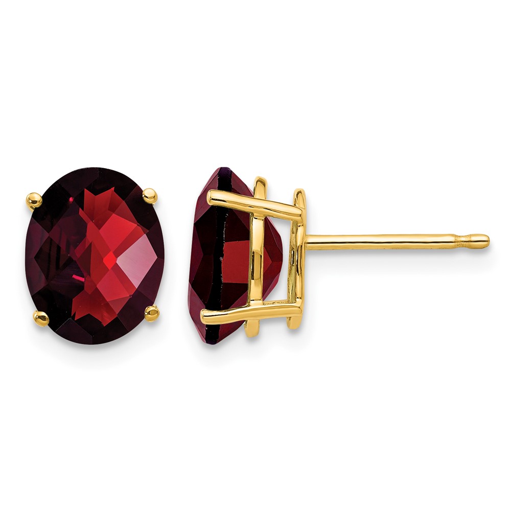 14K Yellow Gold 9x7mm Oval Checker-cut Garnet Post Earrings
