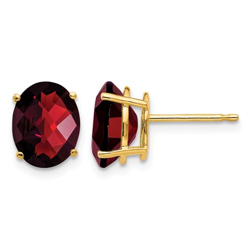 14K Yellow Gold 9x 7mm Oval Checker-cut Garnet Post Earrings