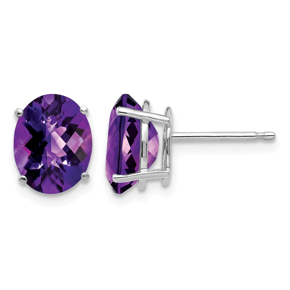 14K White Gold 9x 7mm Oval Checker-cut Amethyst Post Earrings