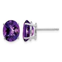 14K White Gold 9x 7mm Oval Checker-cut Amethyst Post Earrings view 1