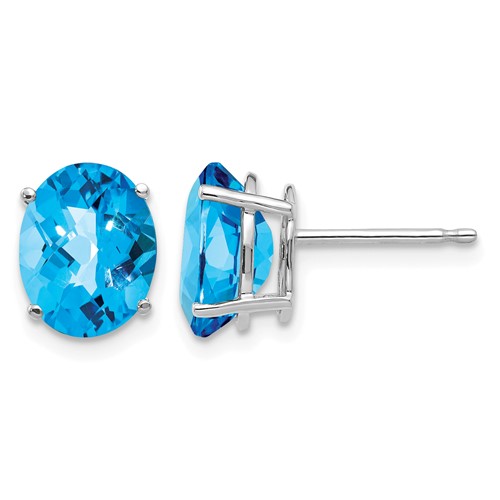 14K White Gold 9x 7mm Oval Checker-cut Blue Topaz Post Earrings