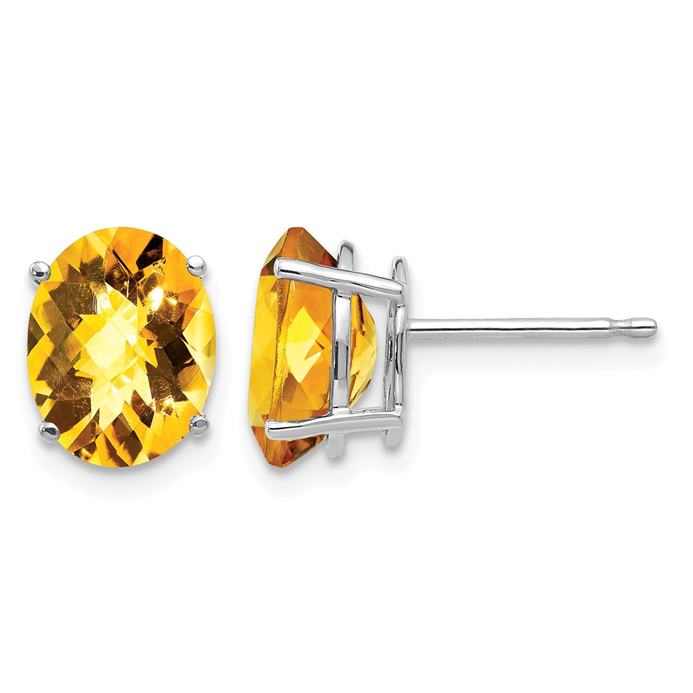 14K White Gold 9x 7mm Oval Checker-cut Citrine Post Earrings