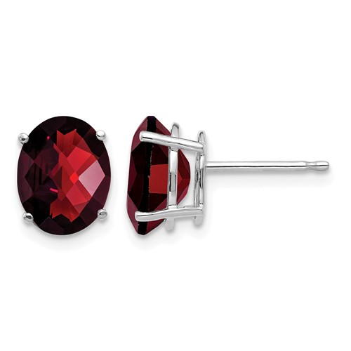 14K White Gold 9x 7mm Oval Checker-cut Garnet Post Earrings