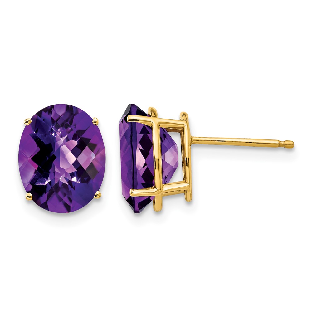 14K Yellow Gold 10x 8mm Oval Amethyst Checker Earrings