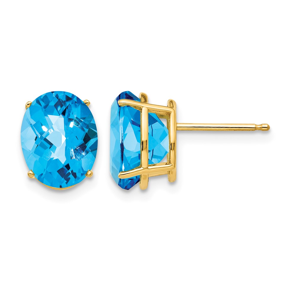 14K Yellow Gold 10x 8mm Oval Checker-cut Blue Topaz Post Earrings