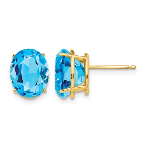 14K Yellow Gold 10x 8mm Oval Blue Topaz Post Earrings