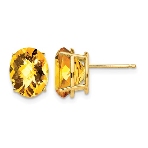 14K Yellow Gold 10x 8mm Oval Checker-cut Citrine Post Earrings