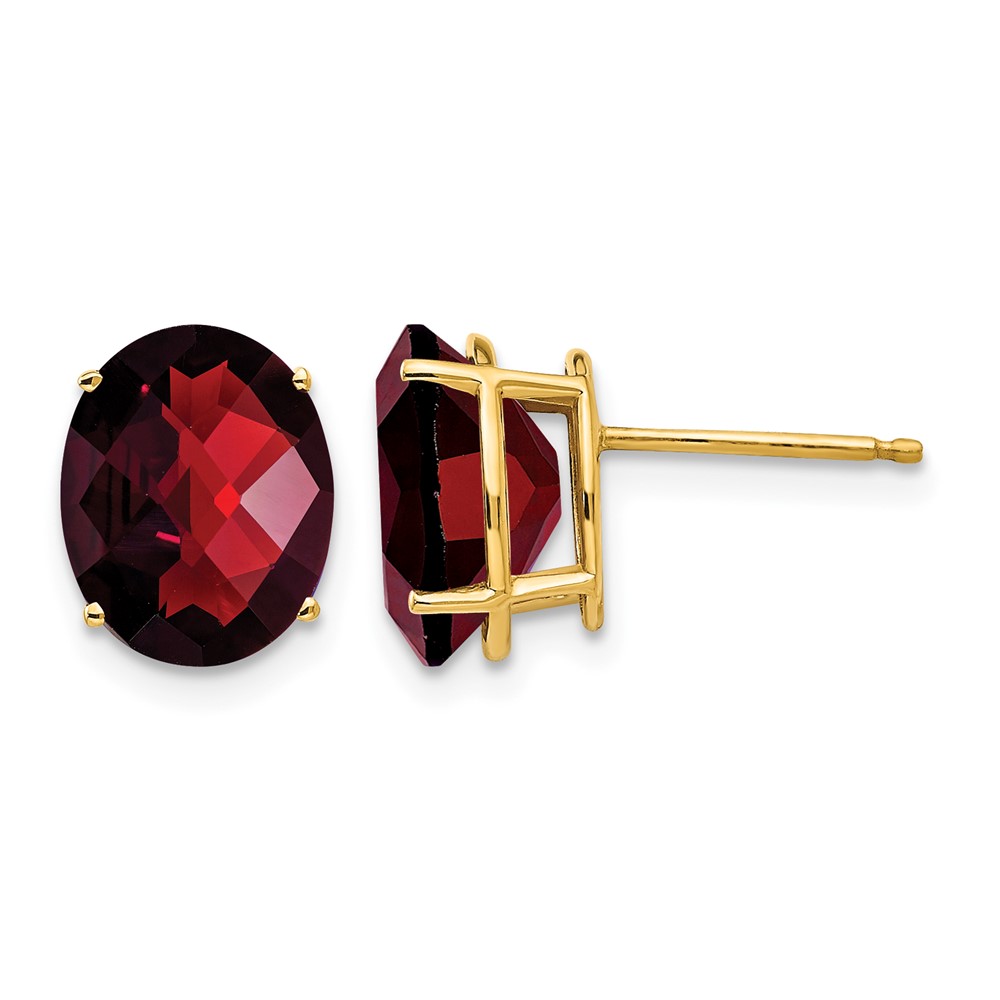 14K Yellow Gold 10x8mm Oval Checker-cut Garnet Post Earrings