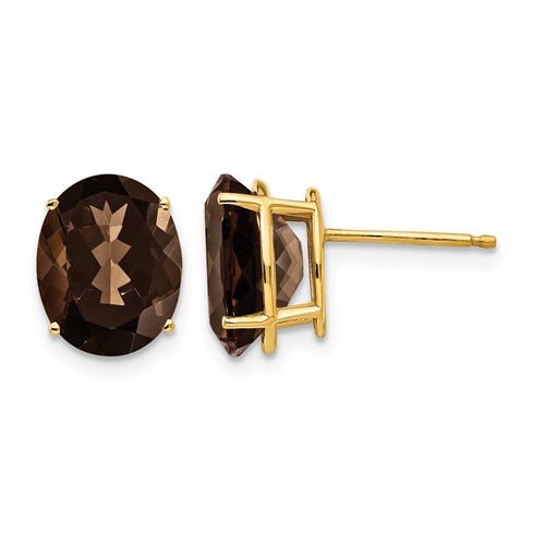 14K Yellow Gold 10x 8mm Oval Smoky Quartz Post Earrings