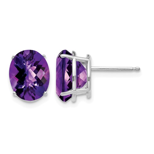14K White Gold 10x 8mm Oval Amethyst Checker Earrings