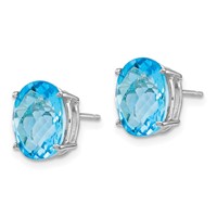14K White Gold 10x 8mm Oval Checker-cut Blue Topaz Post Earrings view 2
