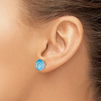 14K White Gold 10x 8mm Oval Checker-cut Blue Topaz Post Earrings view 3