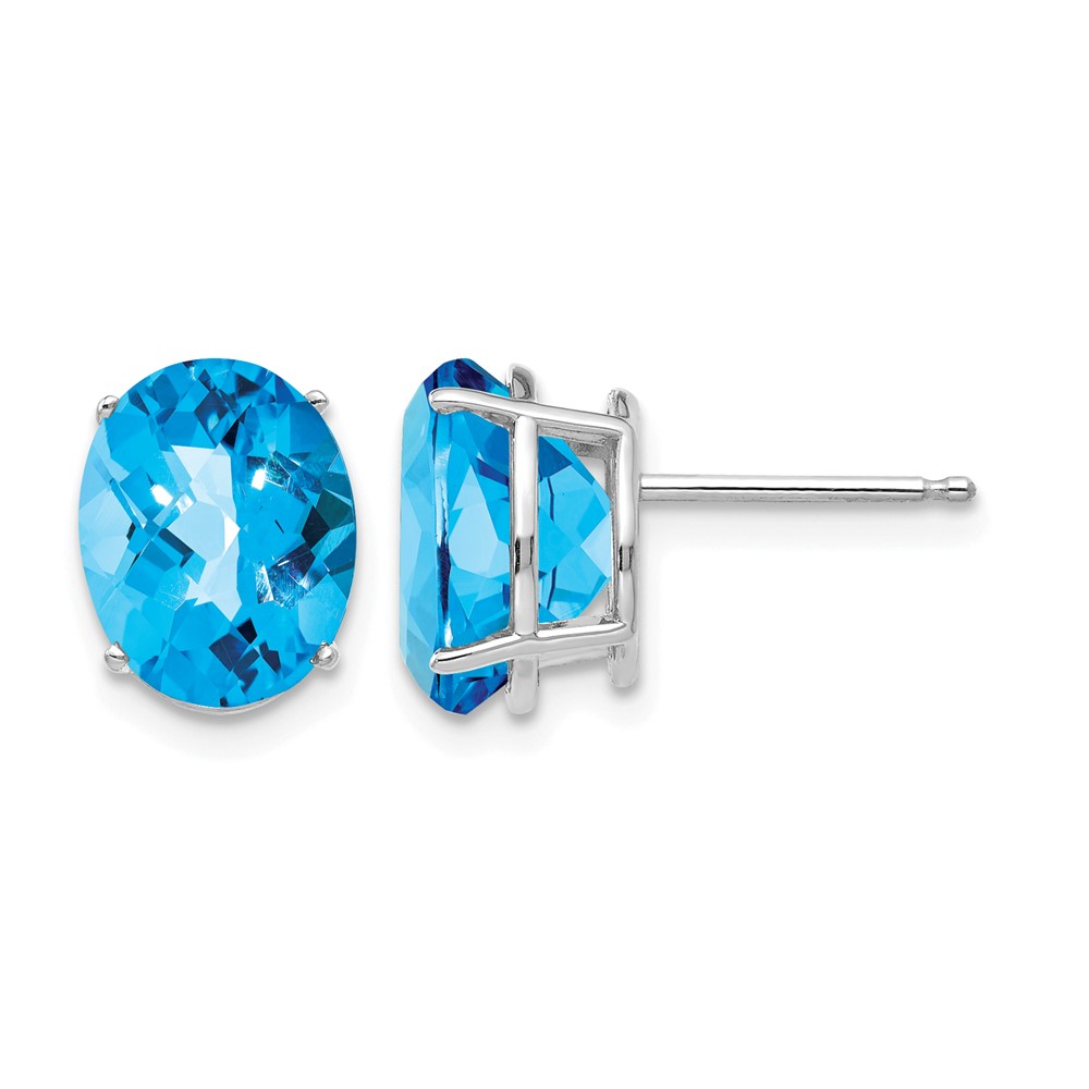14K White Gold 10x 8mm Oval Checker-cut Blue Topaz Post Earrings