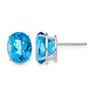 14K White Gold 10x 8mm Oval Checker-cut Blue Topaz Post Earrings view 1