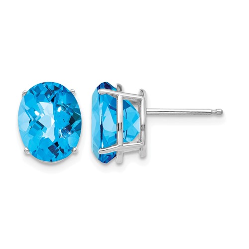 14K White Gold 10x 8mm Oval Checker-cut Blue Topaz Post Earrings